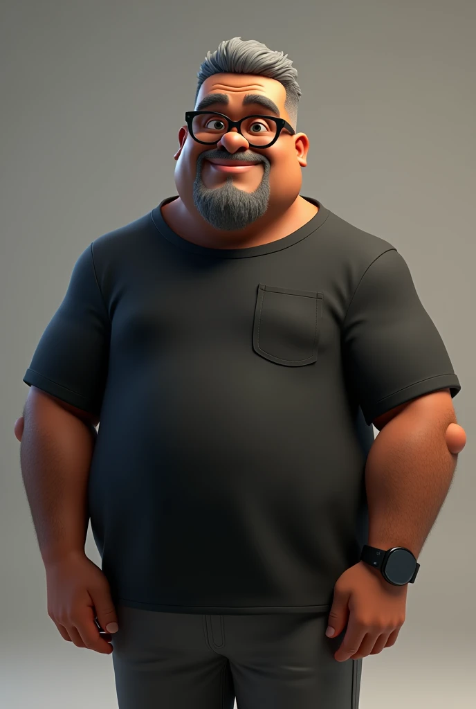 Create a stylized 3D cartoon character of a middle-aged black man with very short hair, wearing modern black glasses. The character should have a broad build but without a belly or muscular physique, and a friendly expression, but not smiling. His skin tone is dark brown with a warm undertone. The man has only two prominent vertical wrinkles on his forehead between his eyebrows. His beard is trimmed and sparse, with more white hairs on the chin and the rest being dark gray. His hair is gray, extremely short on top, styled to the right side, and shaved on the sides. The man has hairy arms and does not wear any accessories or jewelry, except for a black smartwatch. He is looking directly at the camera, not cross-eyed, and not smiling. The man is dressed in an oversized black t-shirt and dark gray pants without a belt. The character should be rendered in a stylized, animation-style, with a Pixar-like quality, using Arnold Maya render or toon Keyshot render. The rendering should be high quality, with cinematic lighting, sharp focus, detailed textures, detailed skin, clay-like finish, and bokeh effects in 8K resolution.