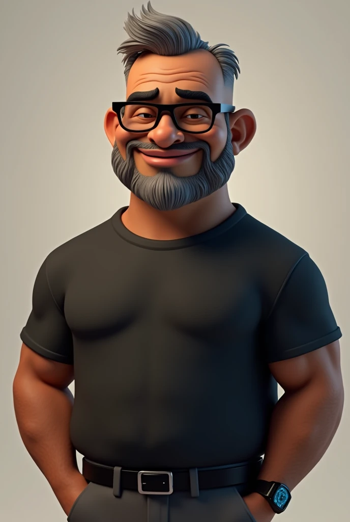 Create a stylized 3D cartoon character of a middle-aged black man with very short hair, wearing modern black glasses. The character should have a broad build but without a belly or muscular physique, and a friendly expression, but not smiling. His skin tone is dark brown with a warm undertone. The man has only two prominent vertical wrinkles on his forehead between his eyebrows. His beard is trimmed and sparse, with more white hairs on the chin and the rest being dark gray. His hair is gray, extremely short on top, styled to the right side, and shaved on the sides. The man has hairy arms and does not wear any accessories or jewelry, except for a black smartwatch. He is looking directly at the camera, not cross-eyed, and not smiling. The man is dressed in an oversized black t-shirt and dark gray pants without a belt. The character should be rendered in a stylized, animation-style, with a Pixar-like quality, using Arnold Maya render or toon Keyshot render. The rendering should be high quality, with cinematic lighting, sharp focus, detailed textures, detailed skin, clay-like finish, and bokeh effects in 8K resolution.