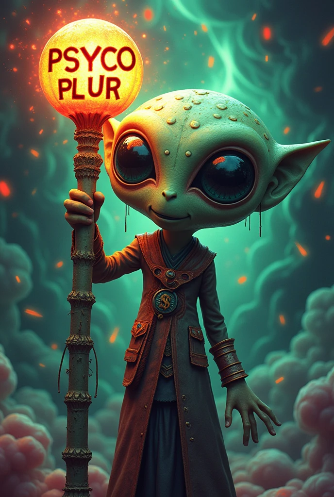 Psychedelic themed figure of a large-eyed male alien face holding a healing staff with the name "Psyco Plur" in green and orange letters.