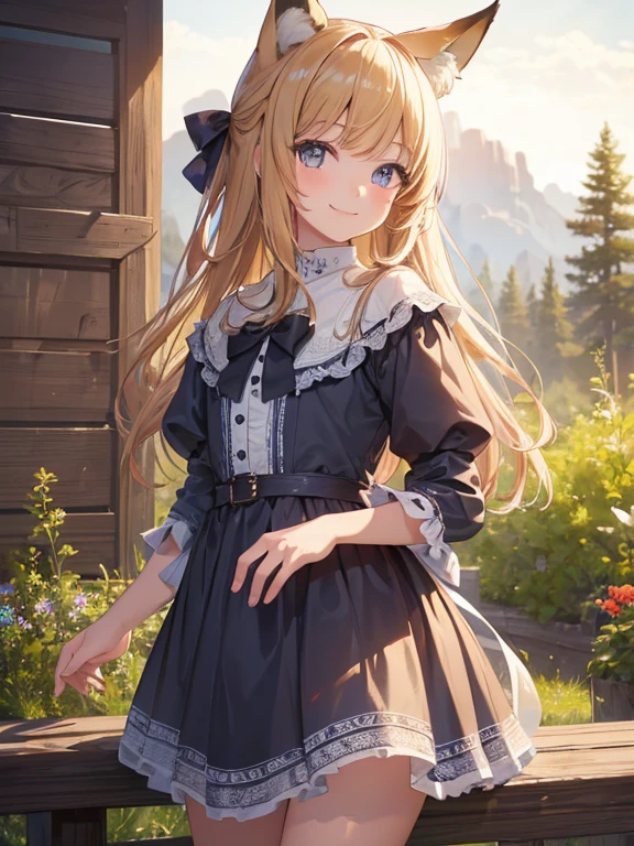 masterpiece, Highest quality, Very detailed, 16K, Ultra-high resolution, Cowboy Shot, 1 girl at 10 years old, Detailed face, smile, Perfect Fingers, Fox Ears, Fox's Tail,  Golden Eyes, blonde, Long Hair, kimono, (Red kimono:1.6)