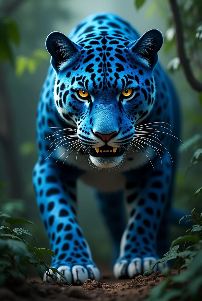 A blue jaguar with white a little angry a little whiter

