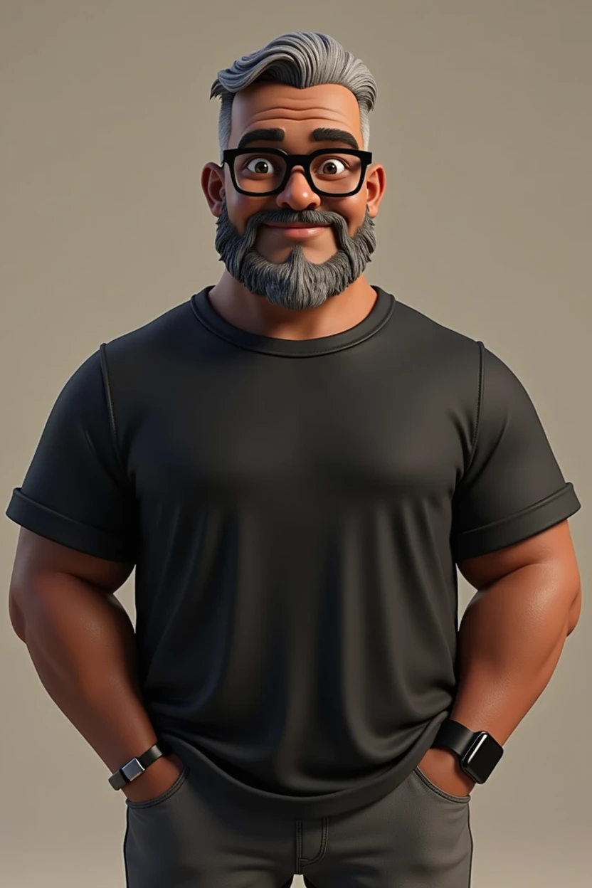 Create a stylized 3D cartoon character of a middle-aged black man with very short hair, wearing modern black glasses. The character should have a broad build but without a belly or muscular physique, and a friendly expression, but not smiling. His skin tone is dark brown with a warm undertone. The man has only two prominent vertical wrinkles on his forehead between his eyebrows. His beard is trimmed and sparse, with more white hairs on the chin and the rest being dark gray. His hair is gray, extremely short on top, styled to the right side, and shaved on the sides. The man has hairy arms and does not wear any accessories or jewelry, except for a black smartwatch. He is looking directly at the camera, not cross-eyed, and not smiling. The man is dressed in an oversized black t-shirt and dark gray pants without a belt. The character should be rendered in a stylized, animation-style, with a Pixar-like quality, using Arnold Maya render or toon Keyshot render. The rendering should be high quality, with cinematic lighting, sharp focus, detailed textures, detailed skin, clay-like finish, and bokeh effects in 8K resolution.