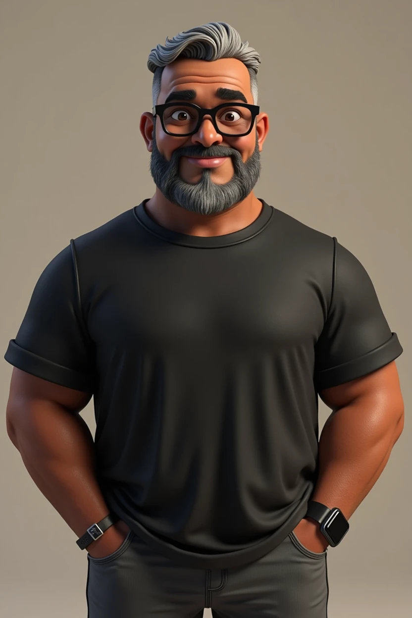 Create a stylized 3D cartoon character of a middle-aged black man with very short hair, wearing modern black glasses. The character should have a broad build but without a belly or muscular physique, and a friendly expression, but not smiling. His skin tone is dark brown with a warm undertone. The man has only two prominent vertical wrinkles on his forehead between his eyebrows. His beard is trimmed and sparse, with more white hairs on the chin and the rest being dark gray. His hair is gray, extremely short on top, styled to the right side, and shaved on the sides. The man has hairy arms and does not wear any accessories or jewelry, except for a black smartwatch. He is looking directly at the camera, not cross-eyed, and not smiling. The man is dressed in an oversized black t-shirt and dark gray pants without a belt. The character should be rendered in a stylized, animation-style, with a Pixar-like quality, using Arnold Maya render or toon Keyshot render. The rendering should be high quality, with cinematic lighting, sharp focus, detailed textures, detailed skin, clay-like finish, and bokeh effects in 8K resolution.