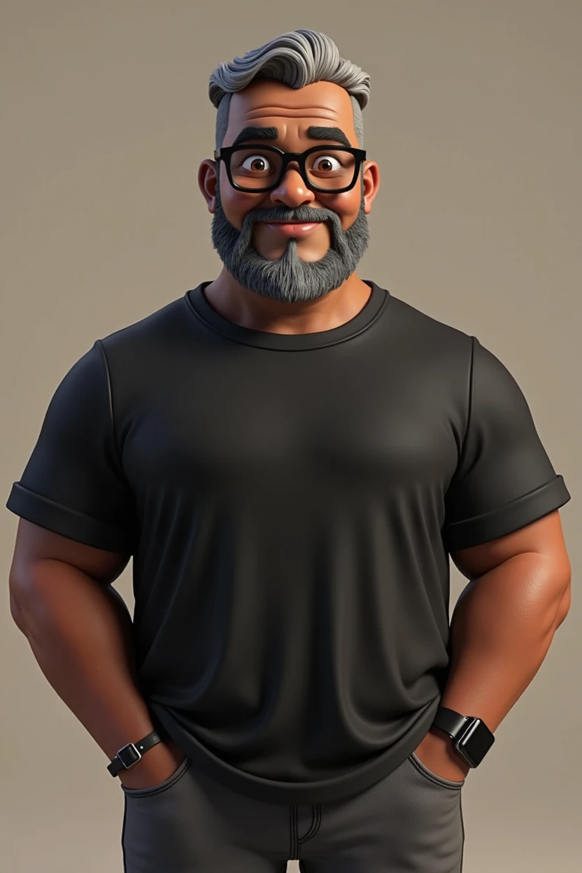 Create a stylized 3D cartoon character of a middle-aged black man with very short hair, wearing modern black glasses. The character should have a broad build but without a belly or muscular physique, and a friendly expression, but not smiling. His skin tone is dark brown with a warm undertone. The man has only two prominent vertical wrinkles on his forehead between his eyebrows. His beard is trimmed and sparse, with more white hairs on the chin and the rest being dark gray. His hair is gray, extremely short on top, styled to the right side, and shaved on the sides. The man has hairy arms and does not wear any accessories or jewelry, except for a black smartwatch. He is looking directly at the camera, not cross-eyed, and not smiling. The man is dressed in an oversized black t-shirt and dark gray pants without a belt. The character should be rendered in a stylized, animation-style, with a Pixar-like quality, using Arnold Maya render or toon Keyshot render. The rendering should be high quality, with cinematic lighting, sharp focus, detailed textures, detailed skin, clay-like finish, and bokeh effects in 8K resolution.