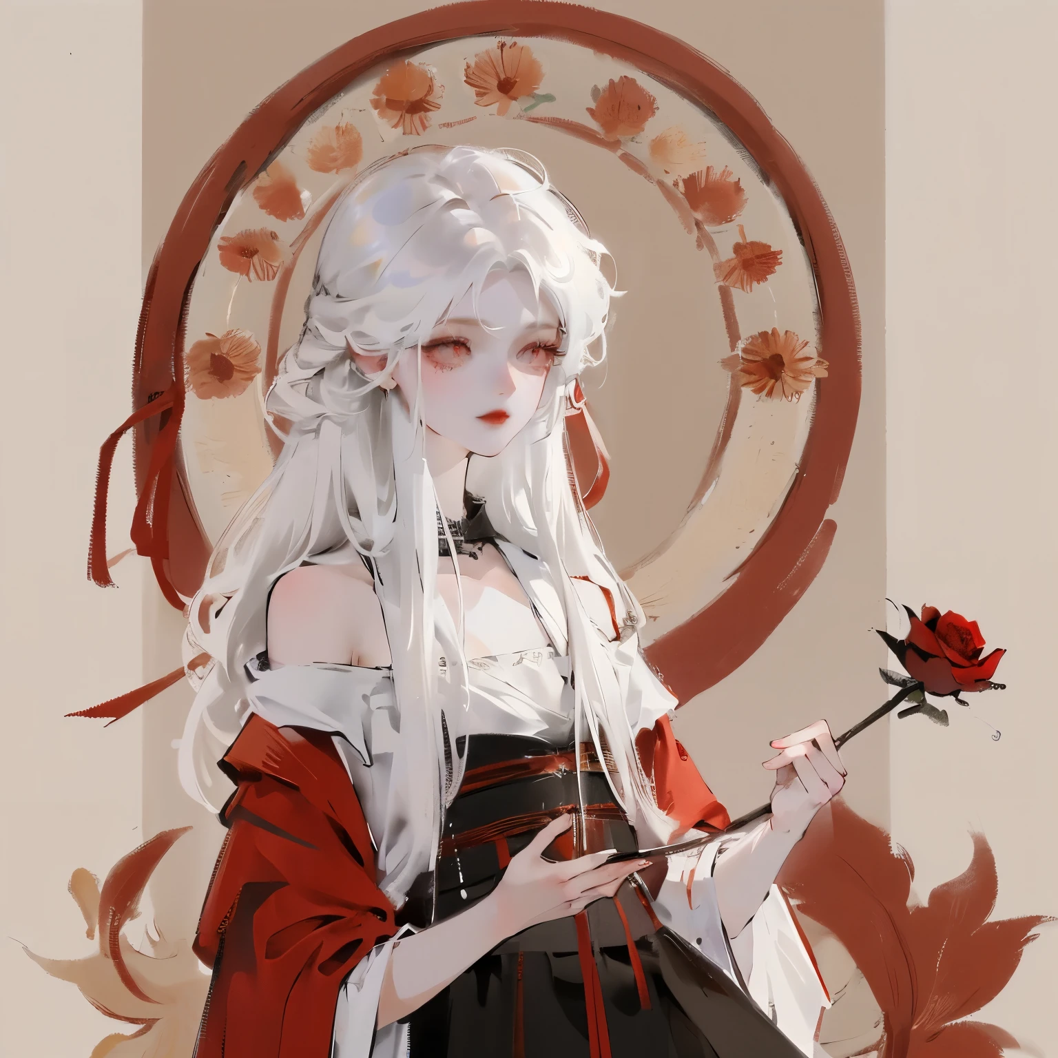 (best quality, masterpiece), (1 Girl, Solitary, Black skirt, permanent , Looking at the audience, White hair, Red Eyes, Holding a rose, Shut up, Upper Body), (There is a red dream catcher behind, safflower, )