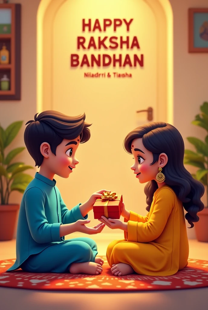 A realistic 20 year old Cute boy and girl are sitting face to face on a colorful mat in the home lobby, the boy has extended one of his hand forward And Girl tying Rakhi on brother's hand. boy is wearing a Blue colored kurta And the girl is wearing a yellow Lahenga, boy has a gift box in his other hand, is smiling, girl has applied tilak on his forehead, and on the wall in bold letters "HAPPY RAKSHA BANDHAN" "Niladri &Tiasha" It is written, 4k image
