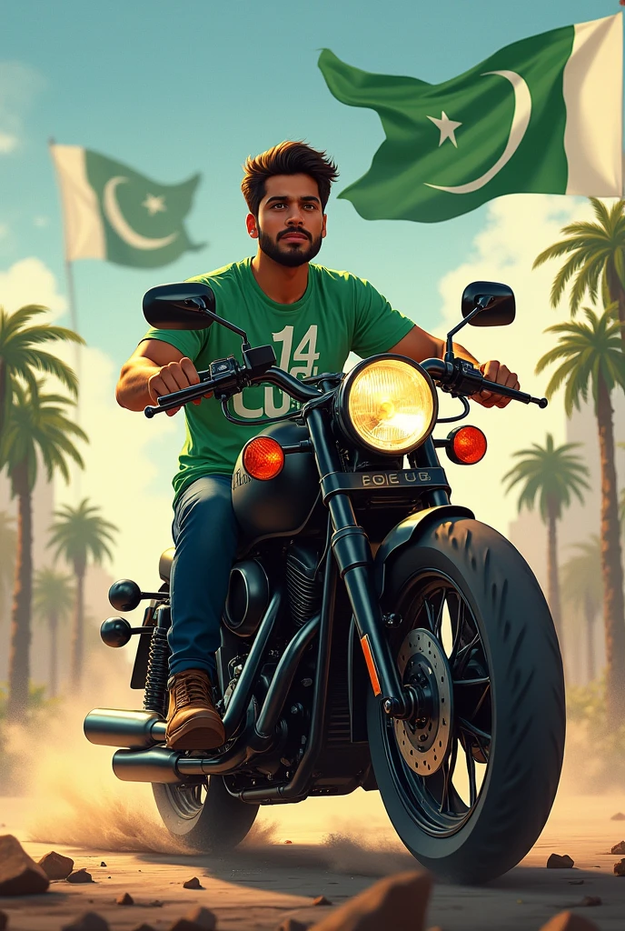 Heavy bike par larka behta ho full 14 august flag color and 14 gust shirt Shahan name side pose in Urdu