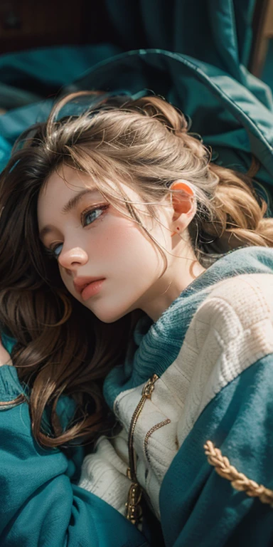 (masterpiece: 1.2, Portraiture, Highest quality), Realistic, (Live Action, Intricate details, Written boundary depth), Highest quality, masterpiece, Attention to detail, semi-Realistic, Sleeping in bed, shy, 21 years old, Short Blonde, blue eyes, pajamas, Slim figure、Canopy bed、 sleeping beauty,