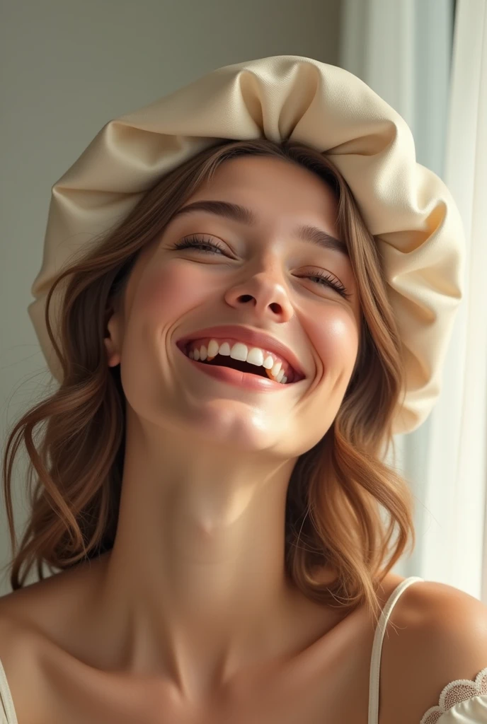 A woman laughing and showing /wearing a satin cap 