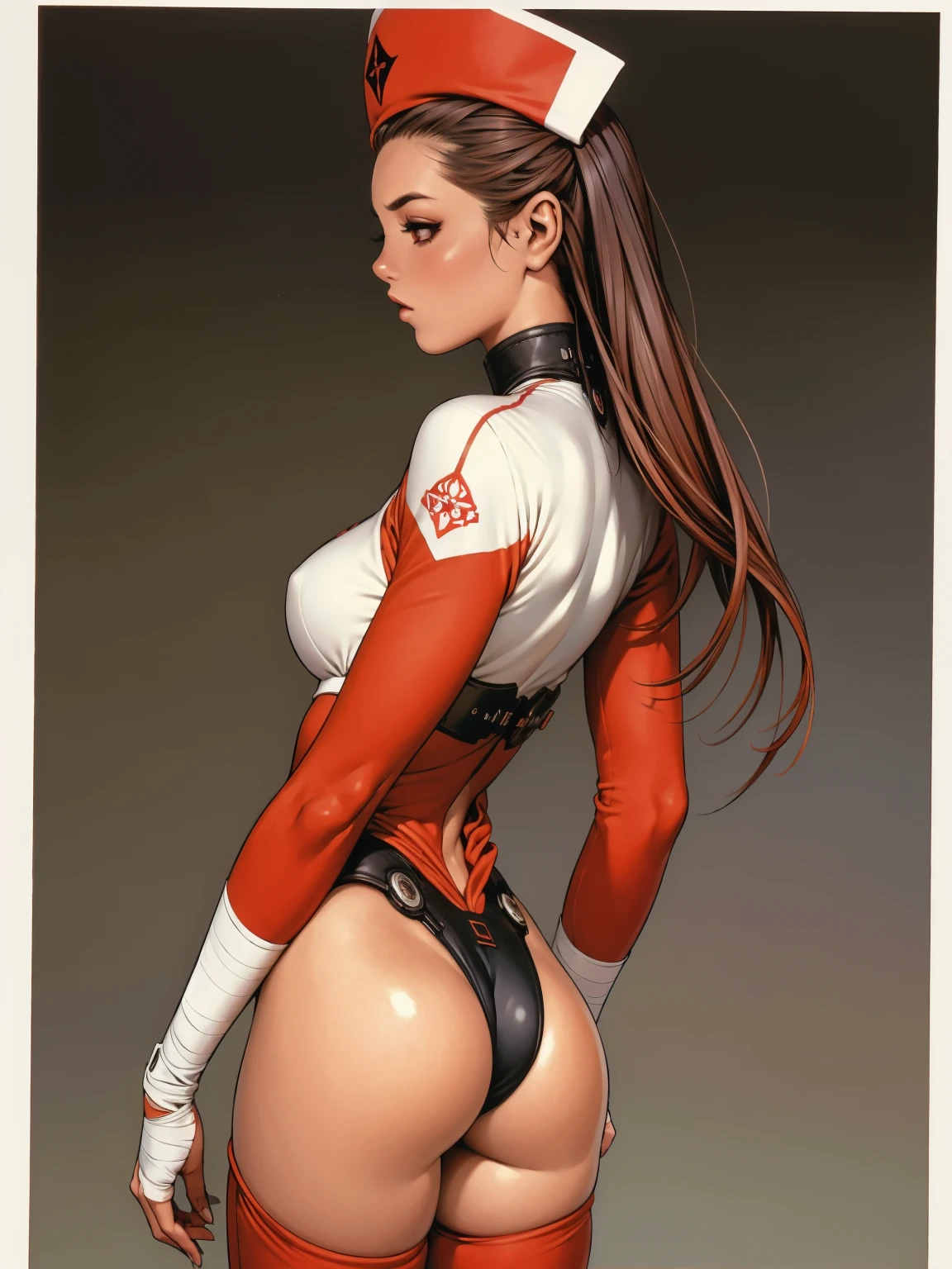 (((back view))), (((perfect ass))), (best qualityer))), ((redheadwear)), (((short arms))), ((( nurse suit ))), (((bandaged arms))), ((high collar)), (((black with red details))), (((best qualityer: 1.4))), (Unbeatable masterpiece), (hiper HD),(CG 8k hyper-realistic), (((brave face))), (((hyper feminine))), sexly girl, Tron,(black bob hair)), ((( sculptural body ))), (((1 Kizi))), Kizi cibernética de 25 anos com perfectbody,,Beautiful and well-groomed face,muscular body:1.2,solid color detailed jacket, (Head to thigh photos), Complex equipment, green dark,Long pants,Tight clothes are dark,With white stars and off-white stripes,,,,,Armor Metal Electronic Parts, Poison tattoos ) INFO, Kizi, (((standing alone))), pirralha violent, ((())), sexly, pose de atitude, work of art, post-apocalypse, (((manga style))), bounty hunter, violent, Manic, the way you want, slenderbody, thin but strong, perfectbody, roupa moderna, advanced technology, neon, sleeves with vertical striped pattern, neutral background, (( cowboy shot )). intricate visual