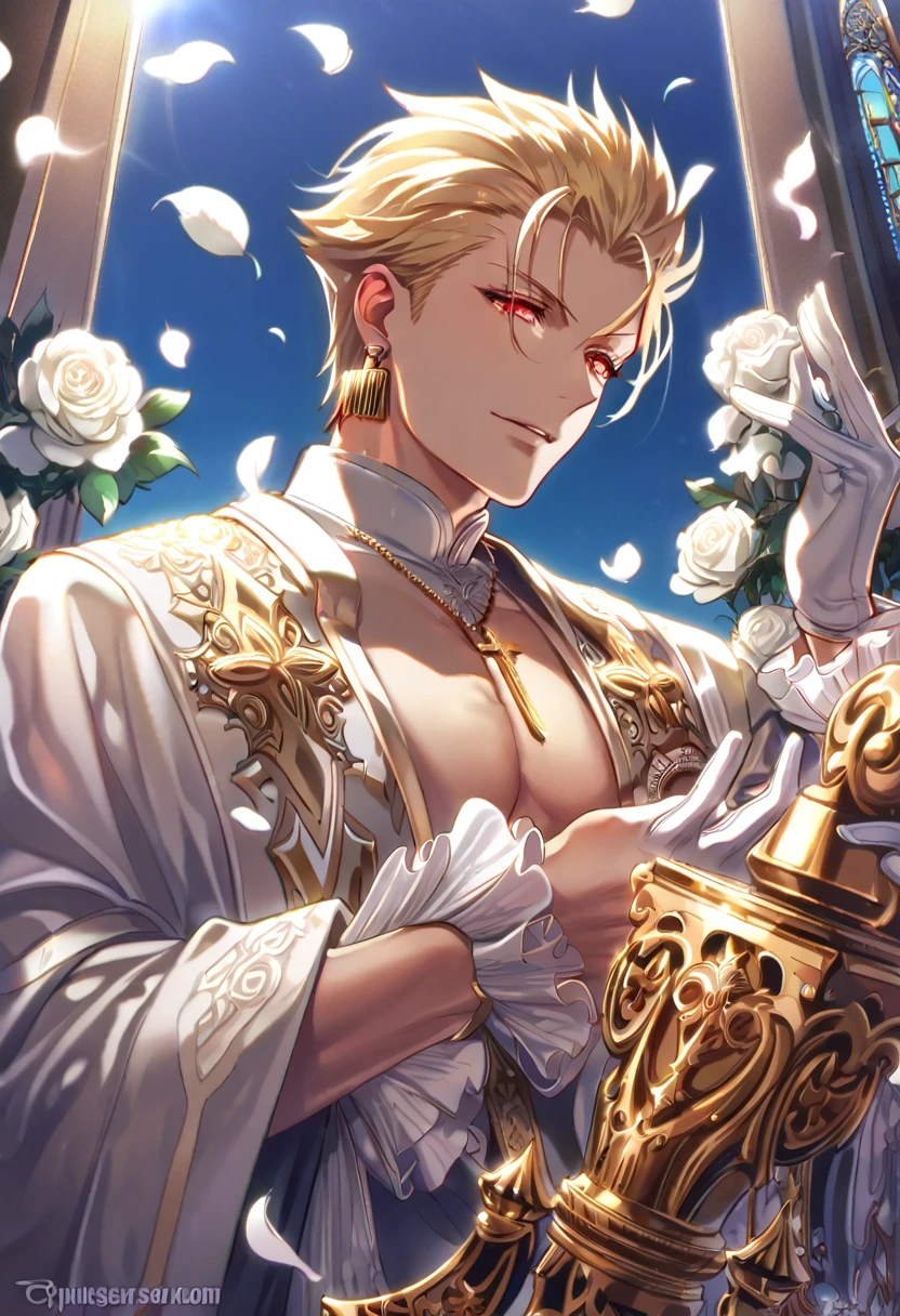 absurdres, highres, ultra detailed, HDR, master piece, best quality, Gilgamesh, blonde hair, slicked up hair, ruffled hair, expressive red eyes, Fate Stay Night, solo, sexy man, handsome, horny, lewd, black priest robes, accessories, earrings, showing the chest, cross necklace, priest, white gloves, fantasy, magical, white roses, white petals, blue sky, church