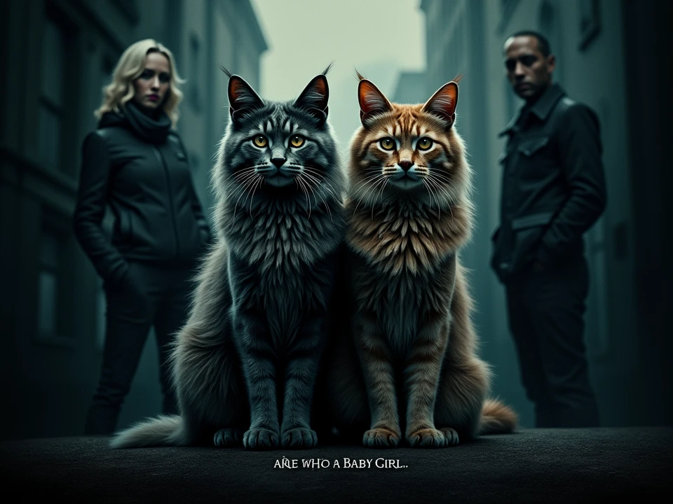 Make a movie poster，In the center of the poster is a Maine Coon cat，There is one next to it，On the left is a woman，On the right is a man，The bottom says "Are you a shapeshifter?? Small letters on the bottom . Make a Hollywood Themed Poster for Just a Baby Girl，Make it mysterious and dark