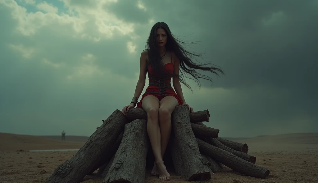 A woman is going to be burnt sitting on a pyre. Make such a real image.