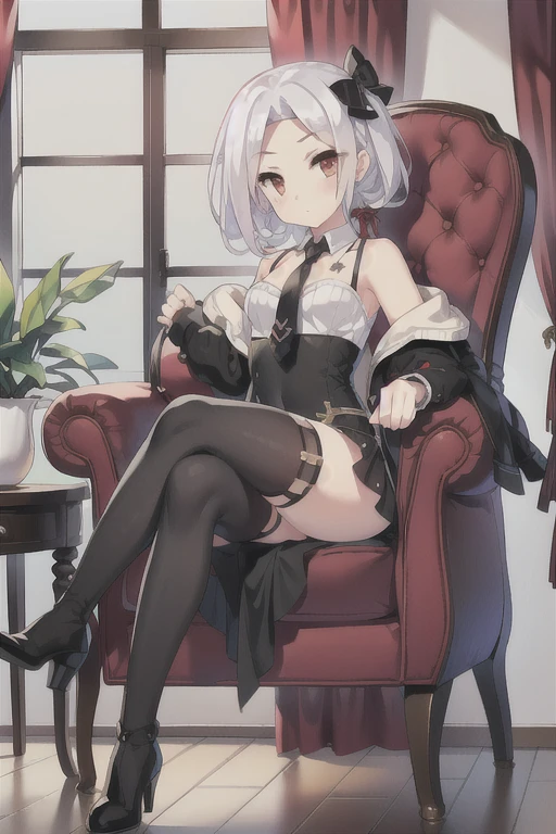 Vittorio_Veneto \(warship girls r\),((masterpiece)),(((best quality))),((ultra-detailed)),((illustration)),((disheveled hair)),((frills)),(1 girl),(solo),1girl, animal, armchair, ass, bangs, bare shoulders, black bow, black dress, black footwear, black legwear, black necktie, boots, bow, breasts, cat, chair, closed mouth, collarbone, crossed legs, cup, curtains, dress, eyebrows visible through hair, full body, hair bow, hair ornament, hair ribbon, head tilt, high heels, holding, holding cup, indoors, jacket, jacket on shoulders, long hair, long sleeves, looking at viewer, low ponytail, mole, necktie, off shoulder, office chair, on chair, plant, potted plant, red eyes, ribbon, sidelocks, silver hair, sitting, skindentation, solo, table, teacup, thigh strap, thighhighs, thighs, vase, short hair, window, younger