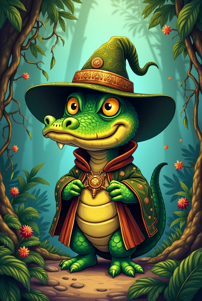 I need a picture of Cuca as a cartoon , character from Brazilian folklore, this character image is an alligator and an evil witch, but I want her to be cute and mean, Now make it look like Brazilian folklore, I want her with the witch hat