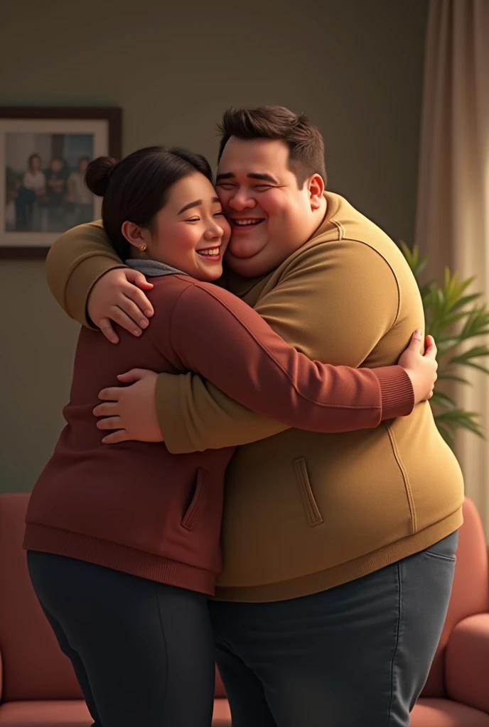 Man being hugged by a fat person