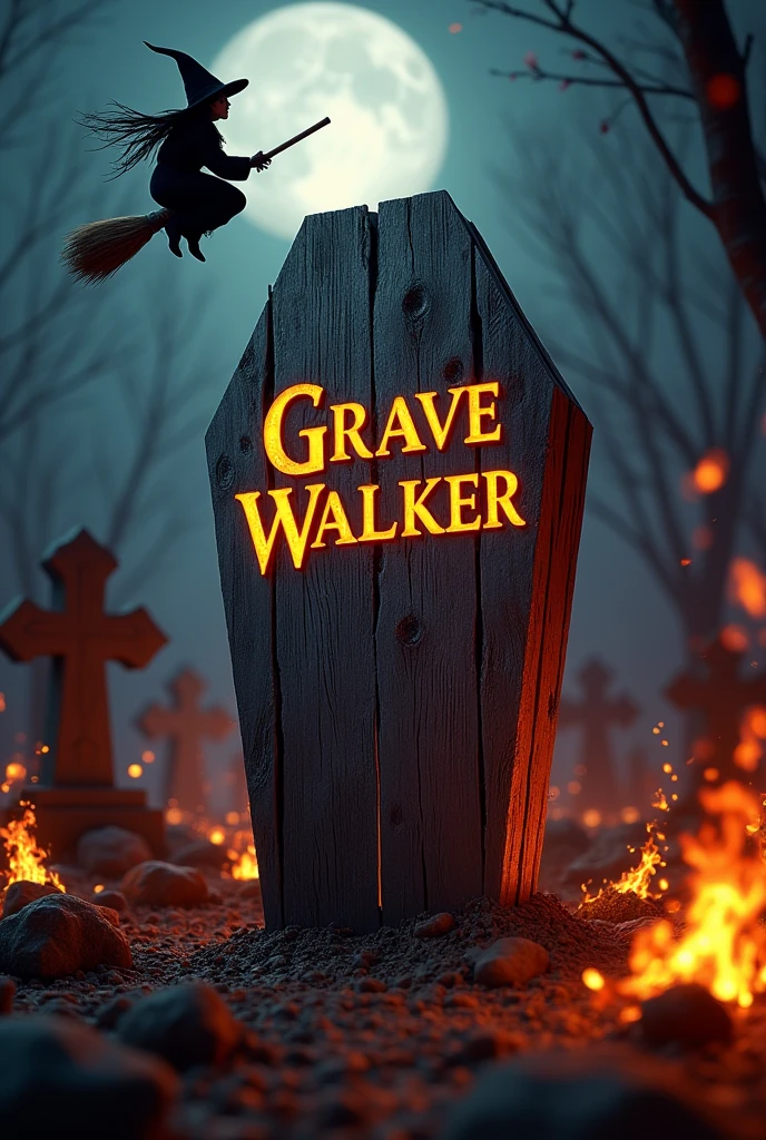 There is a horror title "Grave Walker" written on a wooden coffin. In the background all the grave yard and trees are burning. There is night background and a small witch is flying on its broom in the sky infront of the moon. A realistic, 3D, aesthetic, horror, fantasy poster.