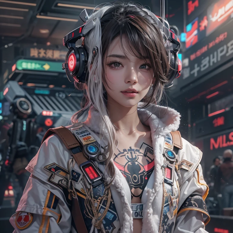 Futuristic mobile vehicle、Hair Flow、 ((Highest quality、masterpiece、8k、Best image quality、Ultra-high resolution、Award-winning works)、(Accurate anatomy:1.1)、(Look at me and smile:1.1)、Shining fair skin with Ultra-high resolution、The most detailed face、Ultra-high resolution detailed face、Ultra-high resolutionの髪の毛、(Ultra-high resolutionの煌めく瞳:1.1)、Beautiful face drawn in every detail、(Blurred Background:1.1)、Cyberpunk Clothing, Chest to chest, tattoo, desert