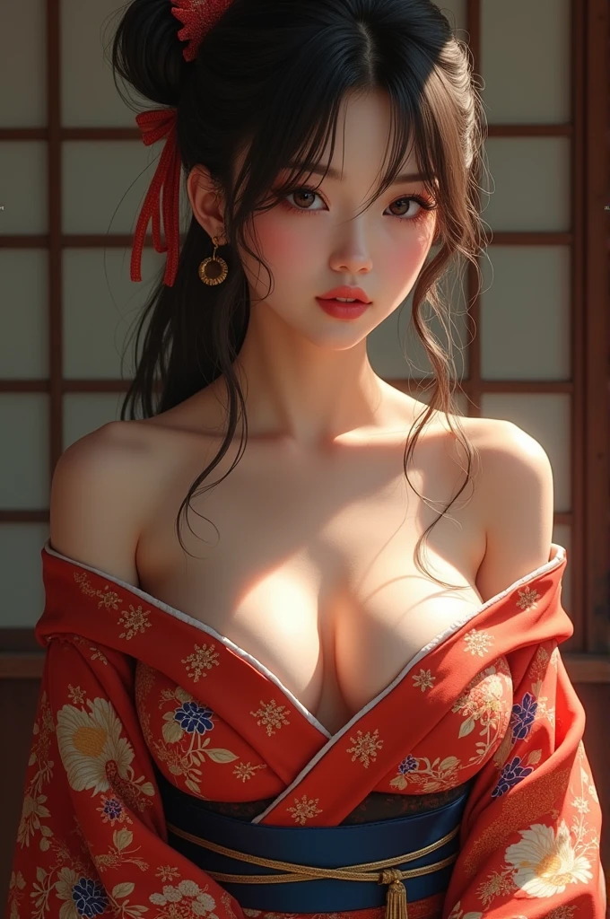 A girl in a kimono with her kimono hanging from her shoulders to her arms, her breasts are half-visible, J-cup