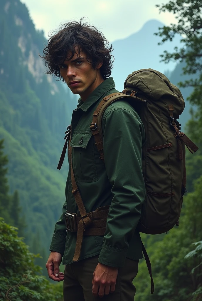 A dark-haired man with curly hair holding a backpack 
