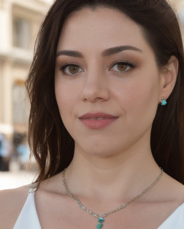a picture of 4ubrey, brunette, realistic, photorealistic, detailed skin, surface scattering, bokeh, skin pores, city streets,detailed face,wearing a white dress,wearinga necklace