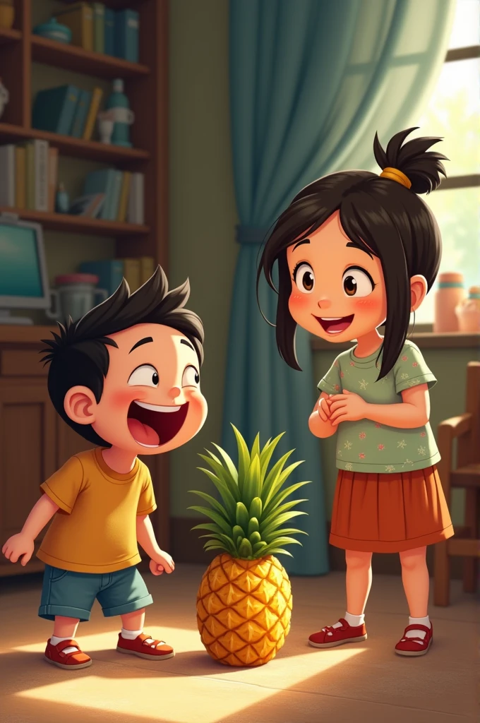 Wai bursts into laughter as his mother watches Kodak with a pineapple from afar