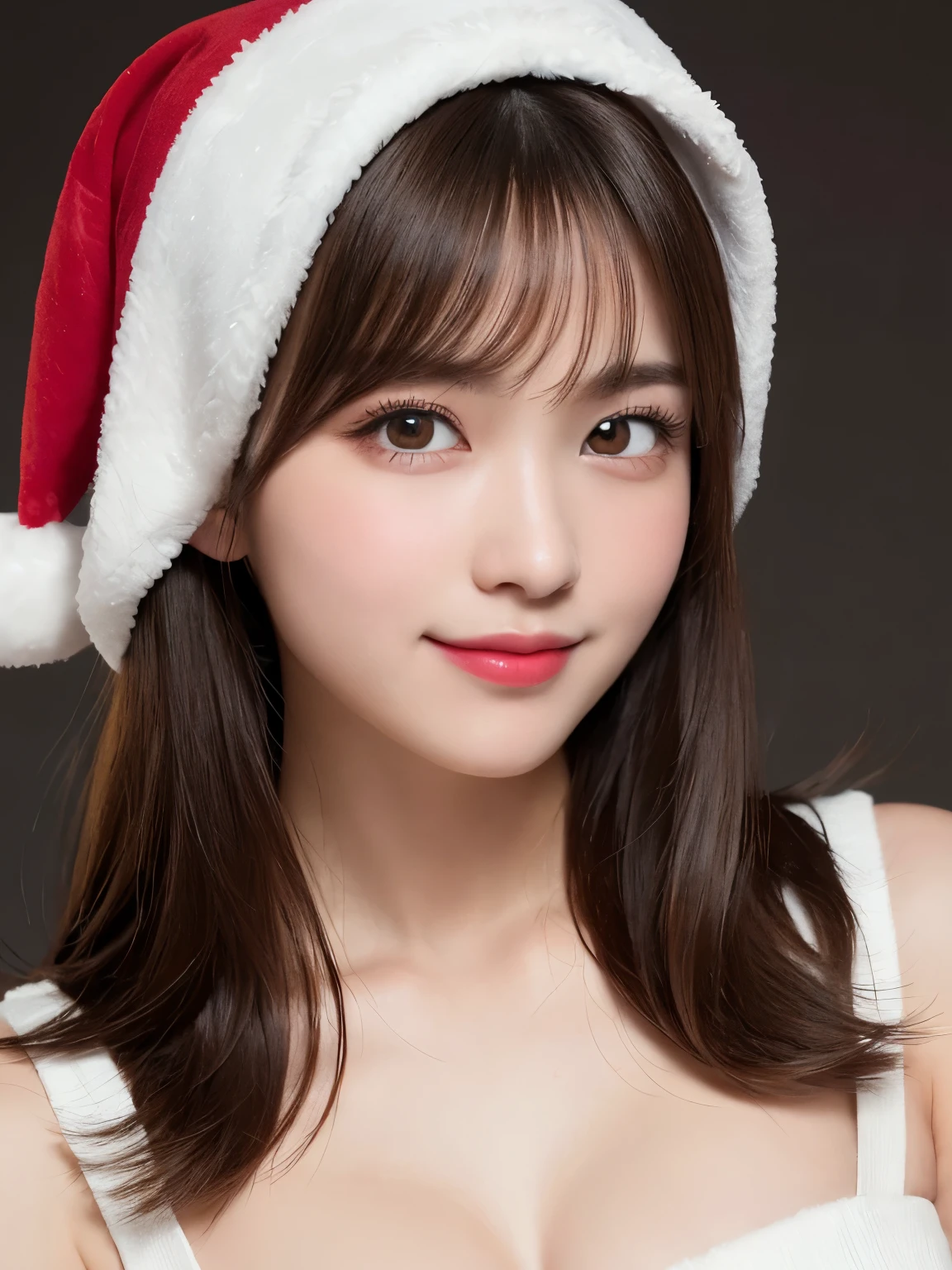 white background, half body portrait, bust shot, looks happy, smile, one girl, (a beauty girl, delicate girl:1.3), (20 years old:1.3), break, (dress up as Santa Claus), break, very fine eyes, (symmetrical eyes:1.3), break, E cup breasts, brown eyes, parted bangs, brown hair, (eyes and faces with detailed:1.0), break, (masterpiece, best quality, ultra detailed, detailed face, 8k)