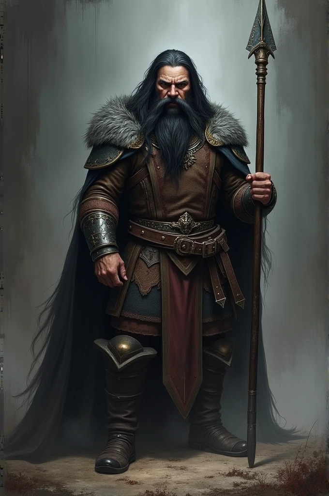 Vlad 3 dwarf, impaler, long black hair, mustache and big beard, menacing face. Appearing the whole body and holding a spear