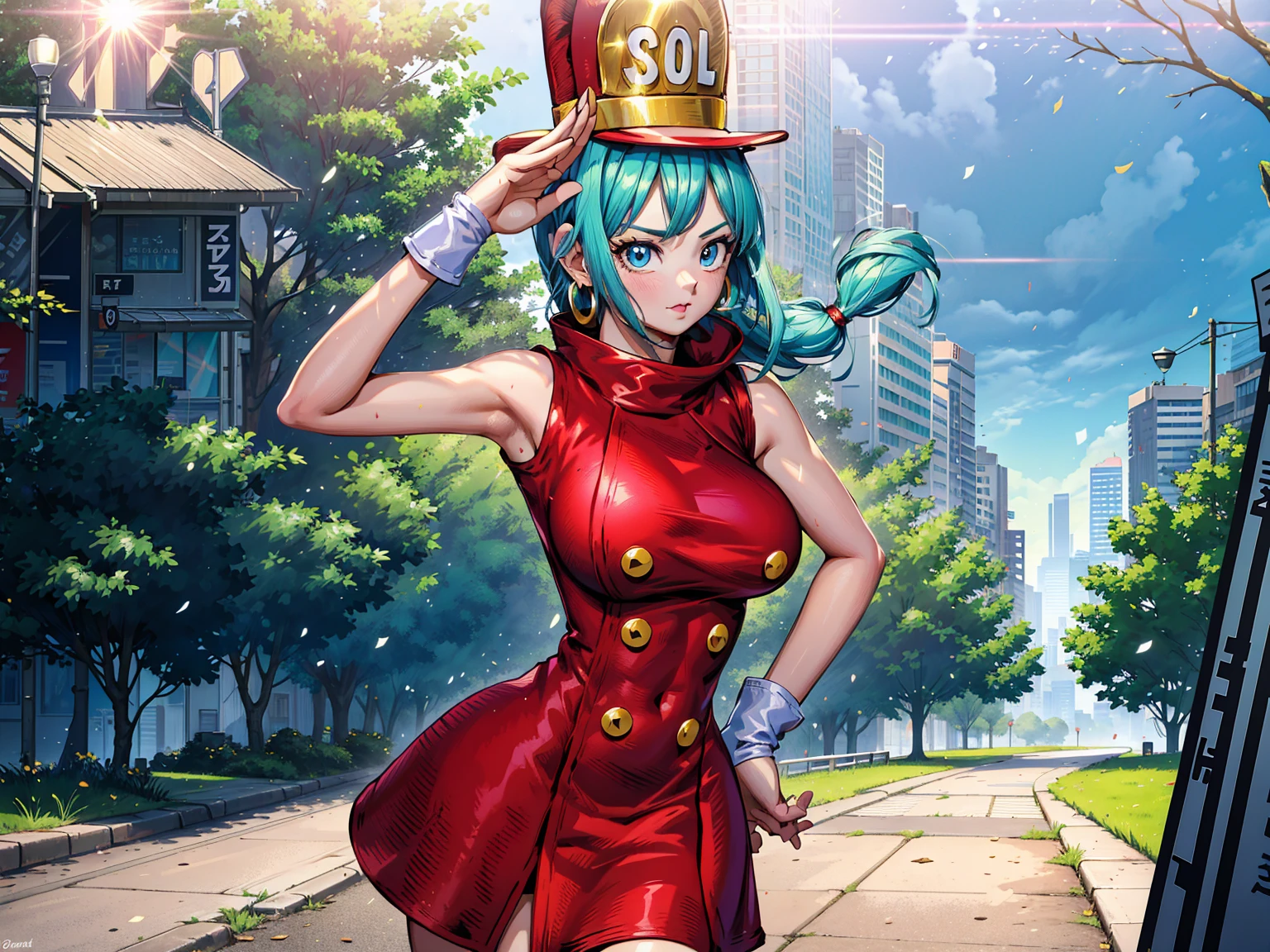 (masterpiece:1.2),( high quality:1.1), bulla,pout, long hair, straight hair,bangs, aqua hair, blue eyes, mascara, long lashes, hairband, red hairband, earrings, bodycon dress, sleeveless, city park, trees, grass, sunshine, blurry background,(looking at viewer, Bend forward:1.1),, huge breast,large breast,(beautifully lit:1.1),