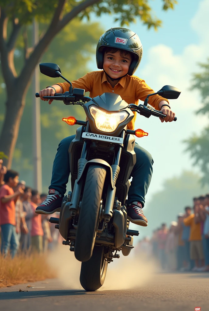 A boy is riding a Pulsar N 150 bike on the road and his front wheel is raised, there is a tree beside the road and many people are watching the bike from the side of the road And the boy has also left the bike handle