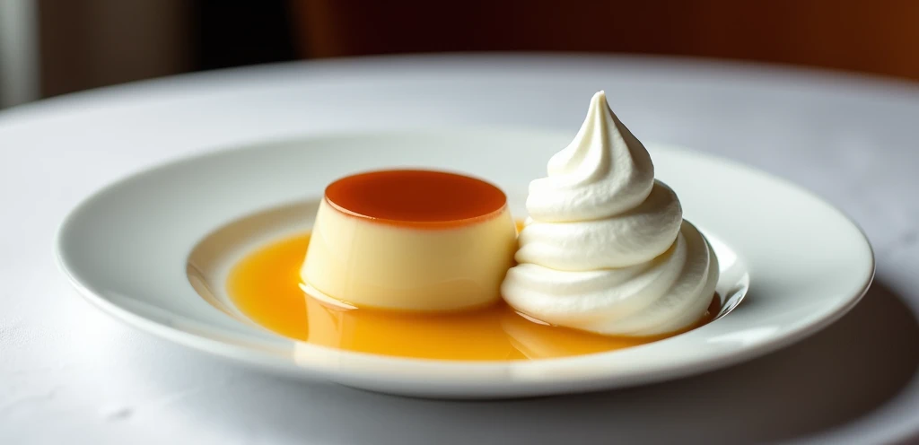 Pudding served at a chic restaurant。
There is a plate on the table、There is a pudding on the plate。Whipped cream is served next to the pudding.。
Don't add mint。