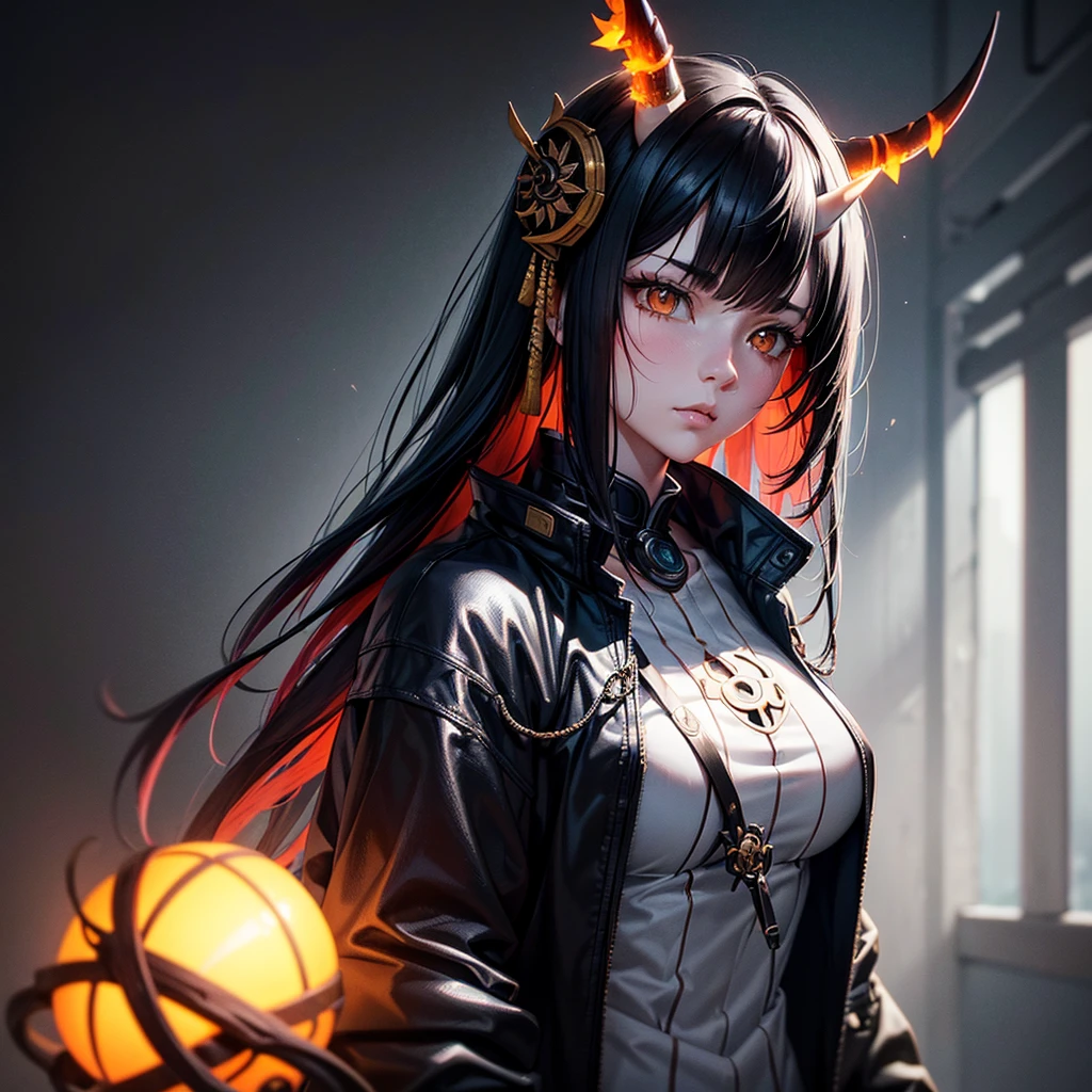 Score_9, score_8_up, score_7_up, (sketch), (mysterious mood), 1girl, beautiful young woman, side soft light,, highly detailed, masterpiece, fine skin, Hong Kong style woman with rotten horn ghost mask and vintage Detailed old high collar cyberpunk samurai jacket with translucent amber horns and glowing hair, surrounded by cyberpunk Japanese streets, dark color, (hyperrealistic, large depth of field, color, 3D octane rendering, 4k trend, concept art , B0ld01lp41nt, dark theme, charcoal\(medium\), photo_b00ster