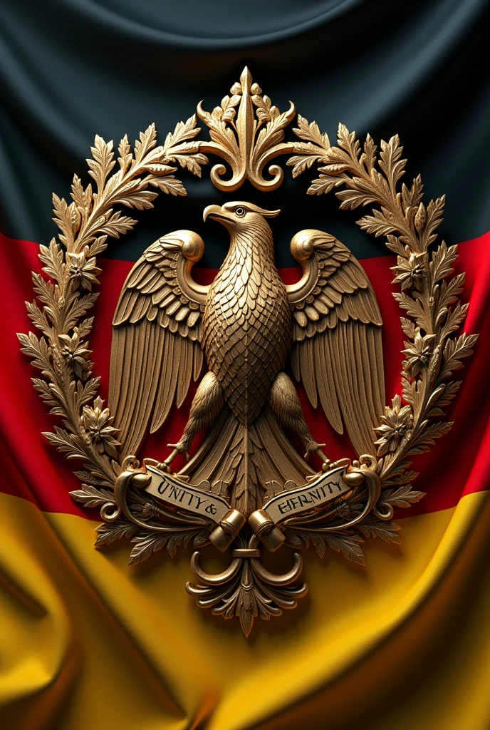 Federal Eagle (no real) with German flag in the background, with golden wreath and the words: unity, eternity