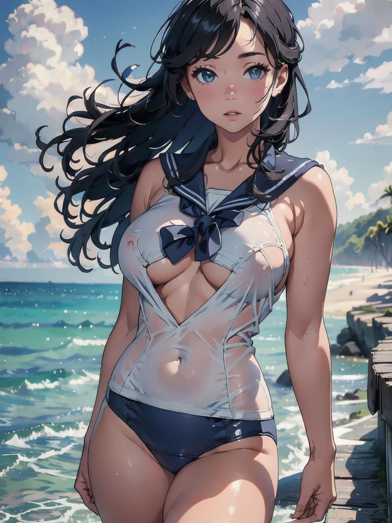 (8k, RAW Photos, Highest quality, masterpiece: 1.2), (Realistic: 1.37)、Photorealistic perfect body 、(solo:1.2), Beach, School Swimsuit 、Sailor suit shirt only、50mm lens、Beautiful blue sky、Dominant Pose、Boob proportions,