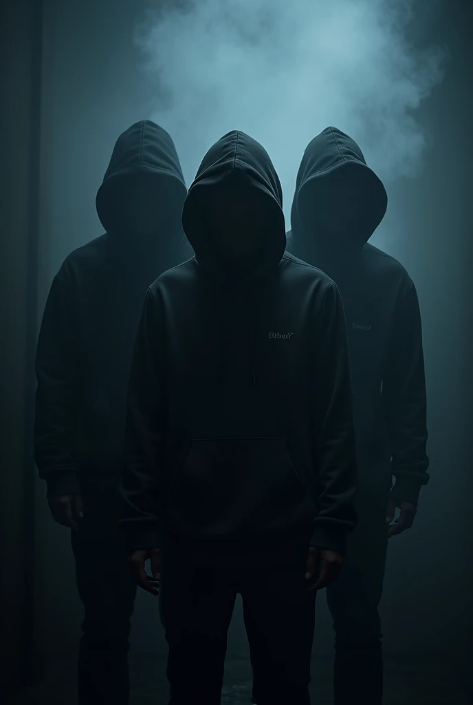 Three 28-year-old boys are hiding their faces with hoodies. The room is dark. There is smoke. I can't see the appearance of the three boys.