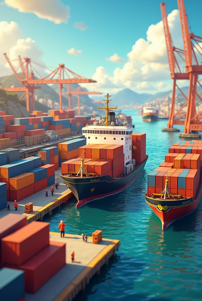 Create a Pixar-style image related to logistics and foreign trade with containers., vessels