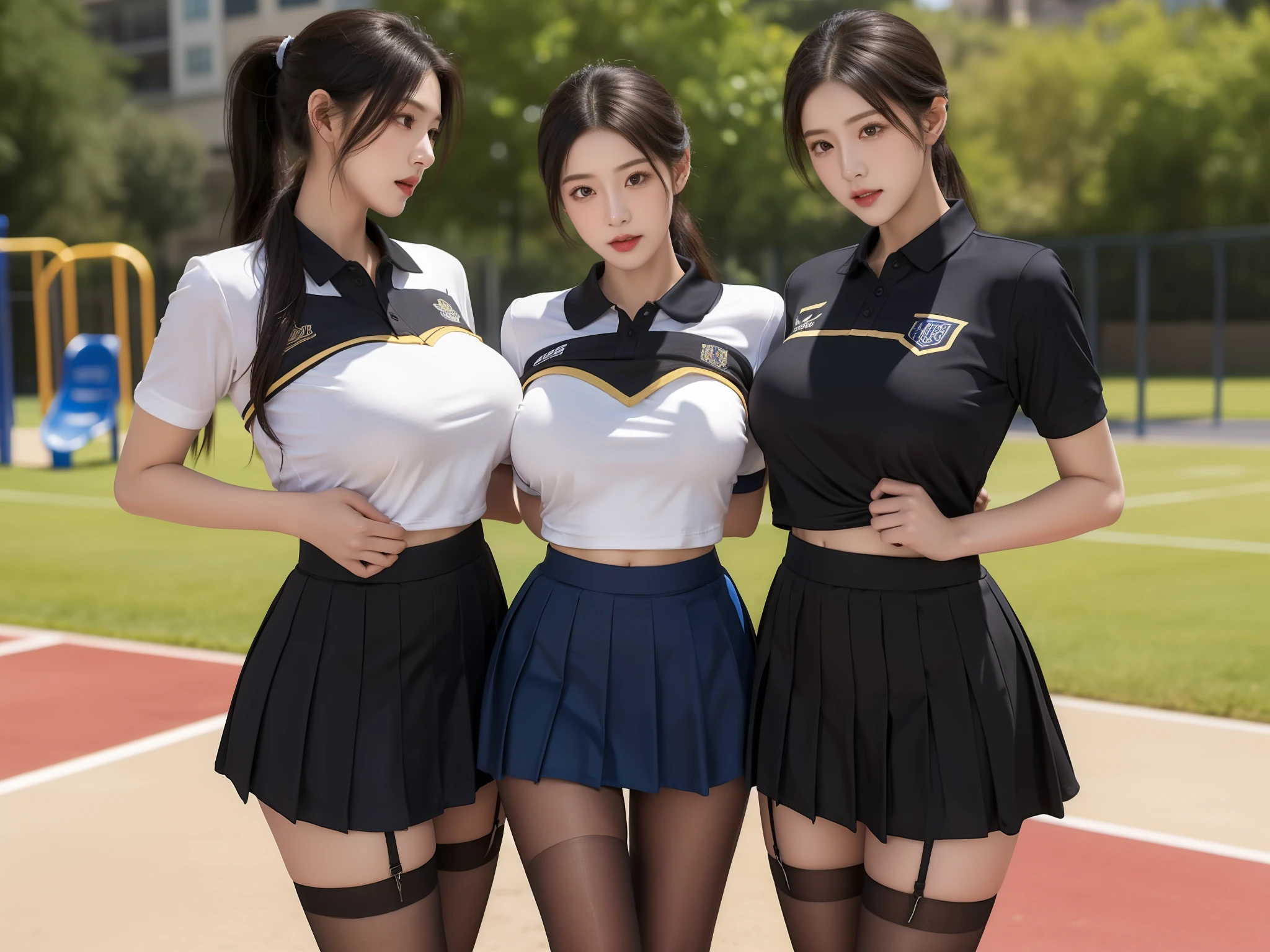 Masterpiece,Best quality,offcial art,Extremely detailed Cg Unity 8K wallpaper,((skirt_lift)),On the playground,Cheerleading uniforms,Long hair,Single ponytail,Large,Mature woman,Black silk,stockings with seams,(big breast),(full bodyesbian),ero404,(Short skirt),(group photo),