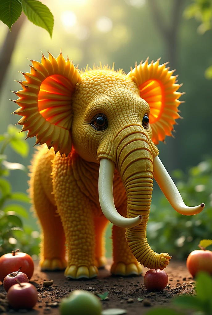 A old Indian woman create a elephant with bananas and apple 
