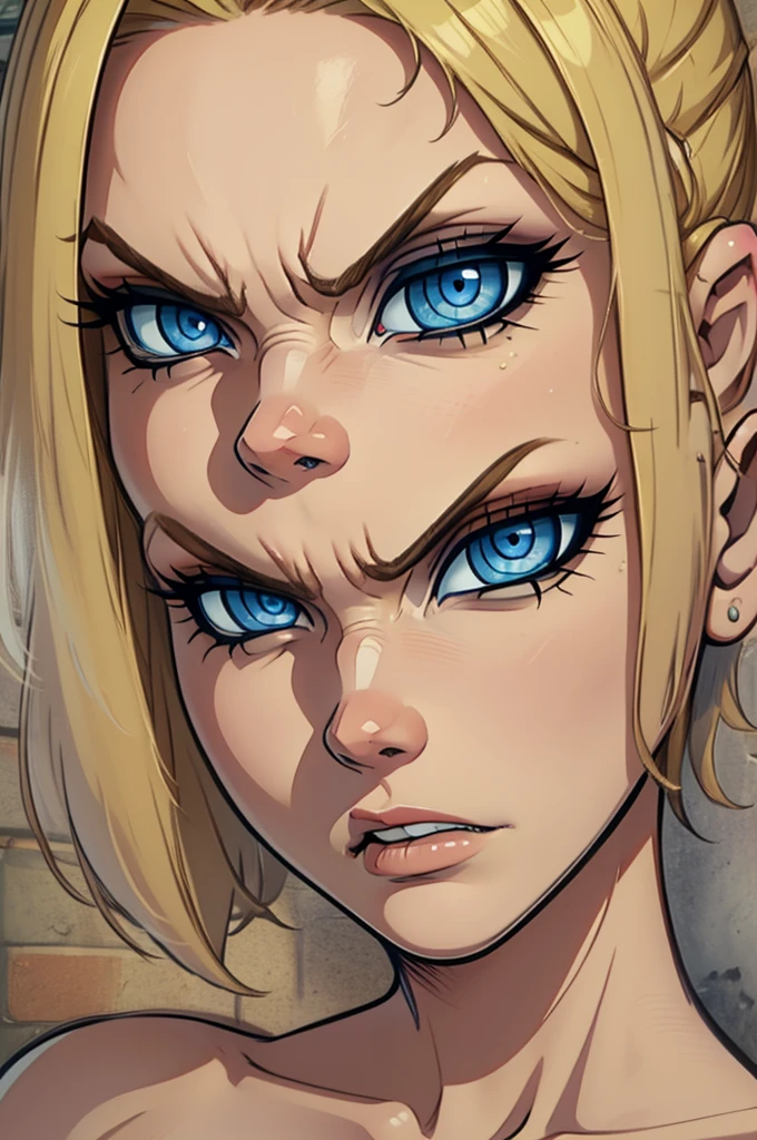 convicted, short blond hair, Blue eyes,  cum on face, naked tits,, Solo1.2,   angry expression, 
(insanely detailed, beautiful detailed face,  masterpiece, beautiful detailed eyes, Best quality)  