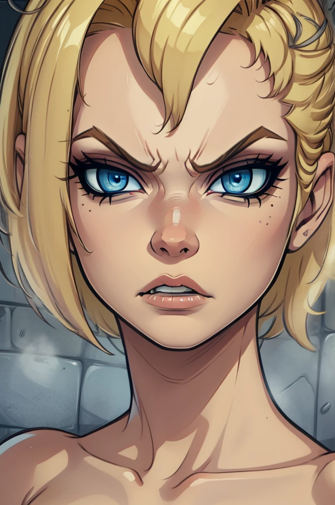 convicted, short blond hair, Blue eyes,  cum on face, naked tits,, Solo1.2,   angry expression, 
(insanely detailed, beautiful detailed face,  masterpiece, beautiful detailed eyes, Best quality)  