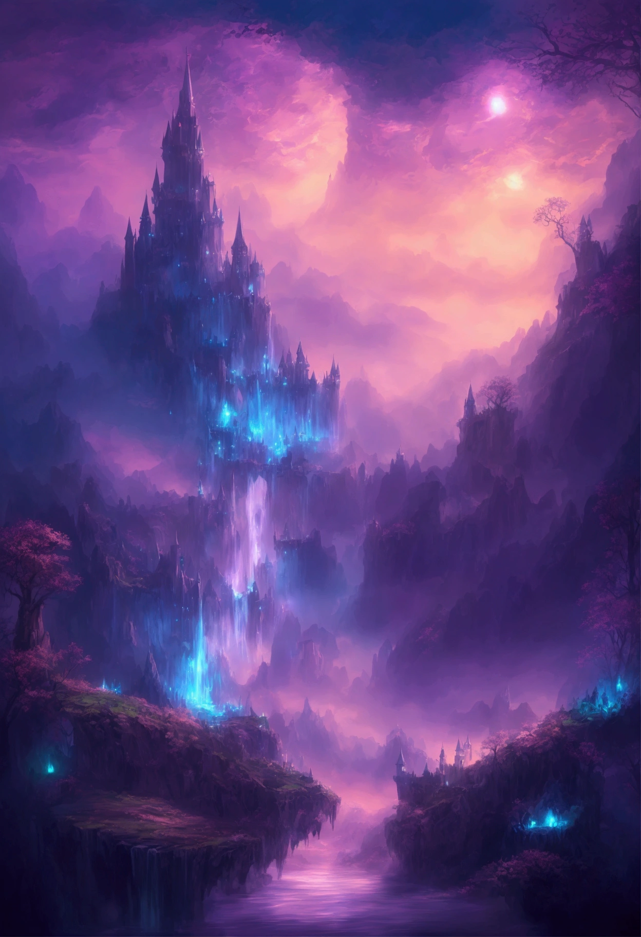 A picture of a castle in the middle of a mountain with a waterfall, mystical Fantasy Landscape, Magical Landscapes, Fantasy art style, epic dreamlike Fantasy Landscape, Fantasy Landscape, high Fantasy Landscape, fantasy digital painting, Detailed fantasy digital art, impressive Fantasy Landscape, Concept Art Magic Highlights, fantasy painterly style, Magical colors and atmosphere, Fantasy Art Landscape, Detailed dreamscape