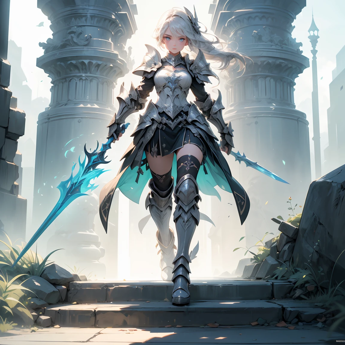 Designing a game character showcase layout., (1 girl). negro+silver armor, elegant and high-tech, ((Show weapon:1.4)), spear, (masterpiece:1.2), (Best Quality), 4k, ultra detailed, (Step by step design, design art:1.5), (neon lighting, neat white environment), technological armor, combat boots