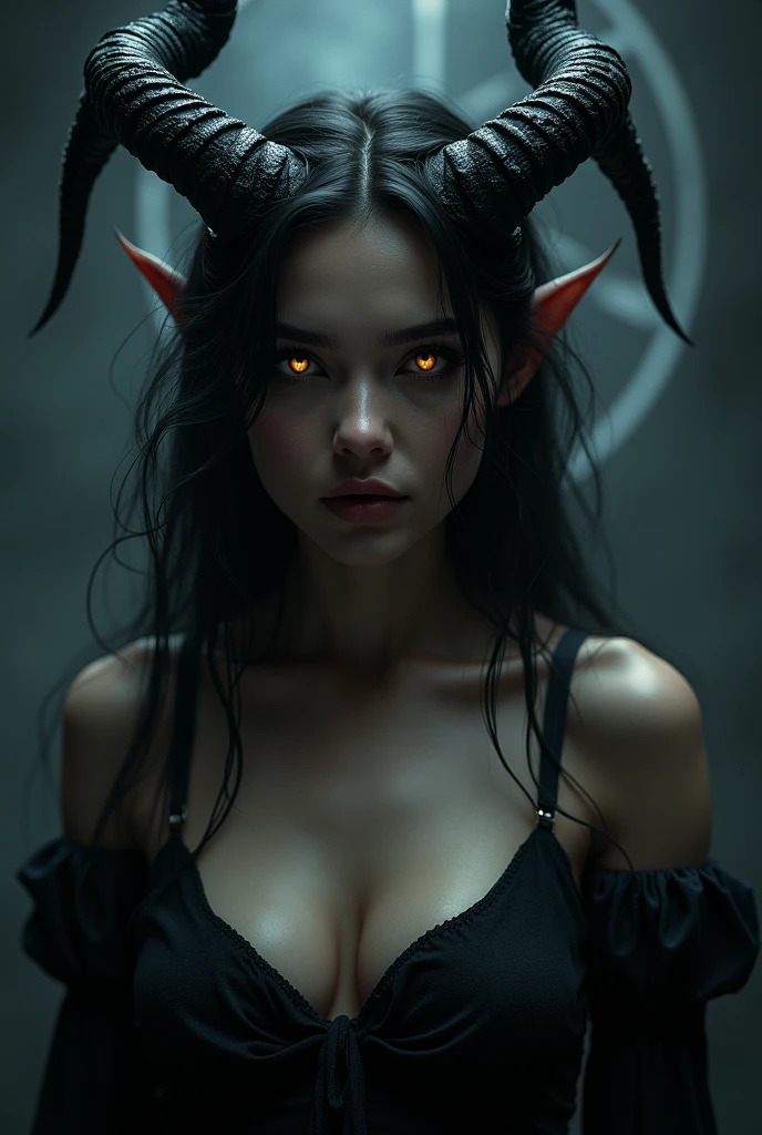 girl, topless, glowing eyes, horns, pentagram, baphomet, dark fantasy, dark gothic, occult, dark magic, dark occult, dark ritual, dark magic ritual, dark fantasy portrait, dark gothic portrait, dark occult portrait, dark magic portrait, dark ritual portrait, dark fantasy character, dark gothic character, dark occult character, dark magic character, dark ritual character, high detail, 8k, hyperrealistic, chiaroscuro lighting, dramatic lighting, dramatic shadows, moody lighting, cinematic lighting, dramatic atmosphere, dark and moody, dark and brooding, dark and mysterious, dark and ominous, dark and foreboding, dark and sinister, dark and haunting, dark and sinister