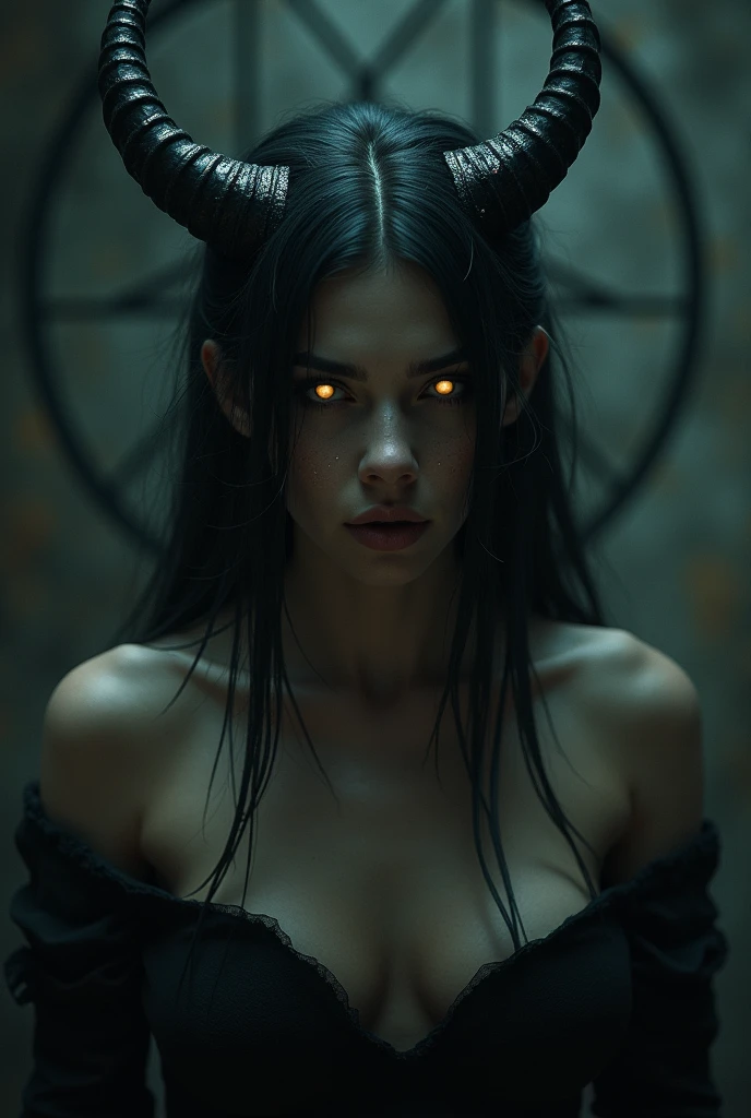 girl, topless, glowing eyes, horns, pentagram, baphomet, dark fantasy, dark gothic, occult, dark magic, dark occult, dark ritual, dark magic ritual, dark fantasy portrait, dark gothic portrait, dark occult portrait, dark magic portrait, dark ritual portrait, dark fantasy character, dark gothic character, dark occult character, dark magic character, dark ritual character, high detail, 8k, hyperrealistic, chiaroscuro lighting, dramatic lighting, dramatic shadows, moody lighting, cinematic lighting, dramatic atmosphere, dark and moody, dark and brooding, dark and mysterious, dark and ominous, dark and foreboding, dark and sinister, dark and haunting, dark and sinister