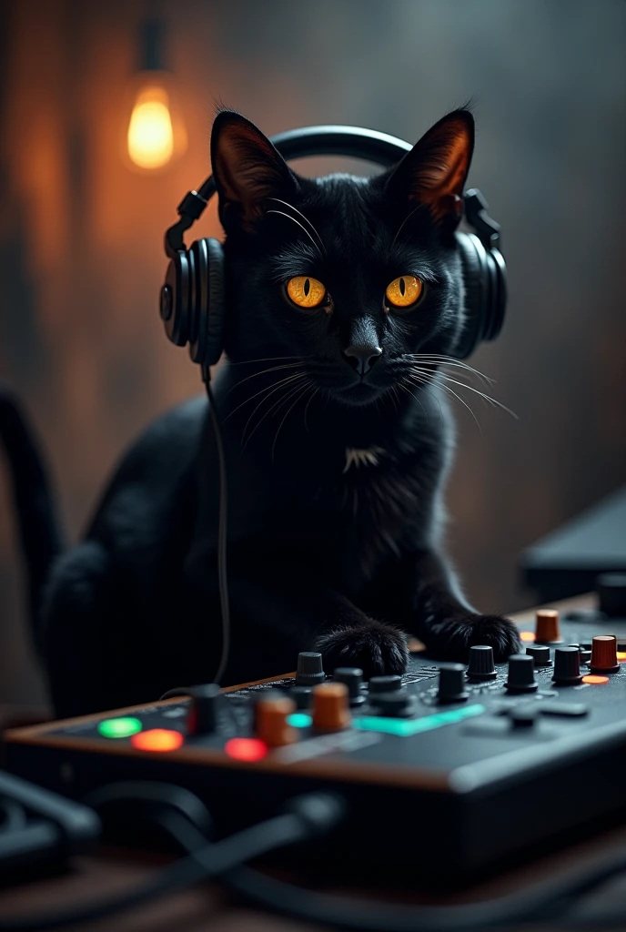 Black cat recording music with black headphone