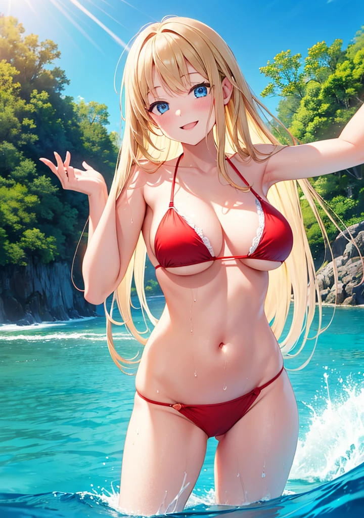 High resolution, Very detailed, 1 person, Long blonde hair, blue eyes, Large Breasts, Red Bikini, She got wet, Ocean, smile, Simple bikini
