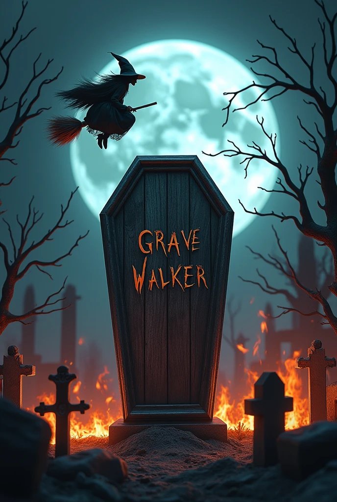 There is a horror title "Grave Walker" written on a wooden coffin. In the background all the grave yard and trees are burning. There is night background and a small witch is flying on its broom in the sky infront of the moon. A realistic, 3D, aesthetic, horror, fantasy poster.