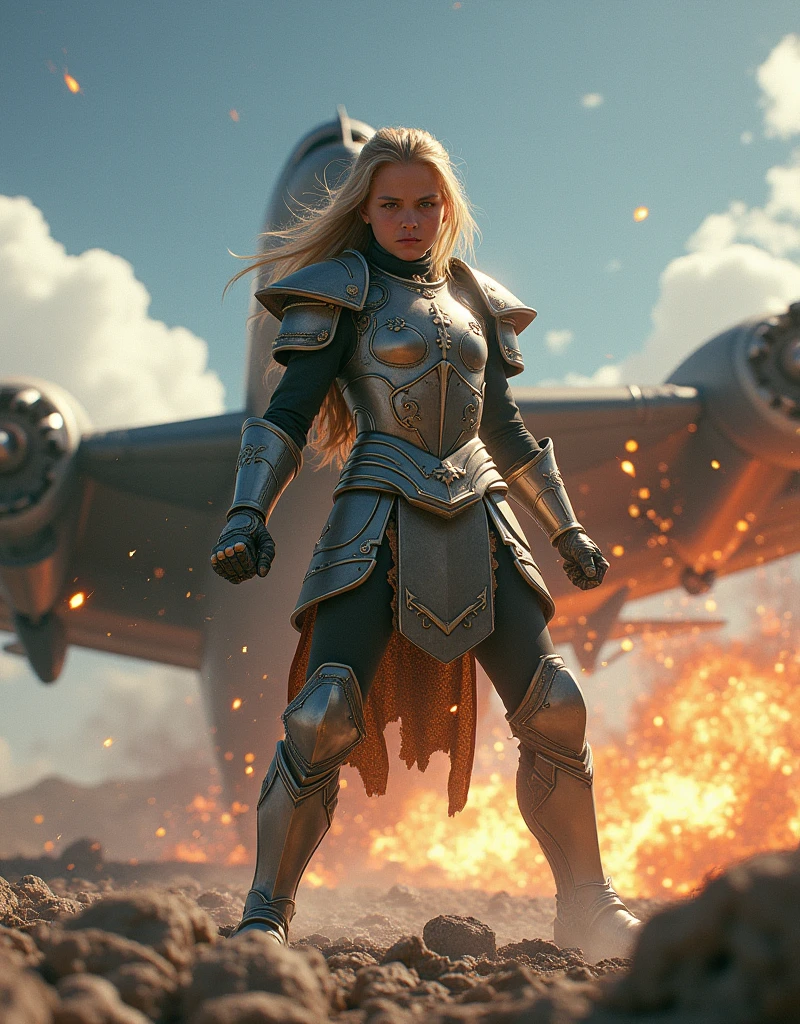 A girl in armor with an angry facial expression smashed a medium fighter plane until it broke and burned. The atmosphere above the sky