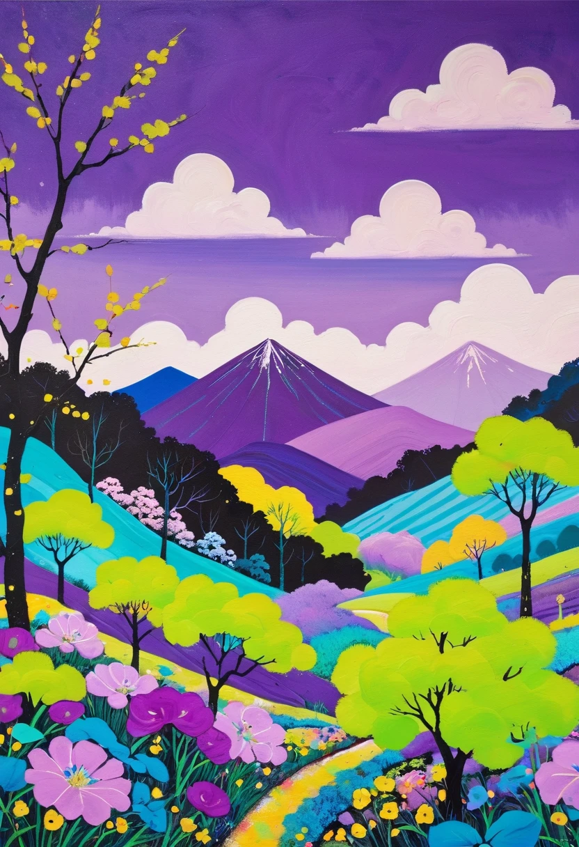 A painting：(((Colorful black，Chalk painting，Oil stick painting，Volume，Thick coating，Uneven texture，Plaster texture，Graffiti)))。Colorful black， Fluffy clouds，Bright colors, Purple和, cute的, Bright colors，cute, Lavender Color and Color Schemes, 和Purple的配色方案,  Beautiful Art,  Purple, Whimsical Art, 和Purple色调, Lime and Violet, Close together,, spring, Inspired by Tomokazu Matsuyama, Delightful