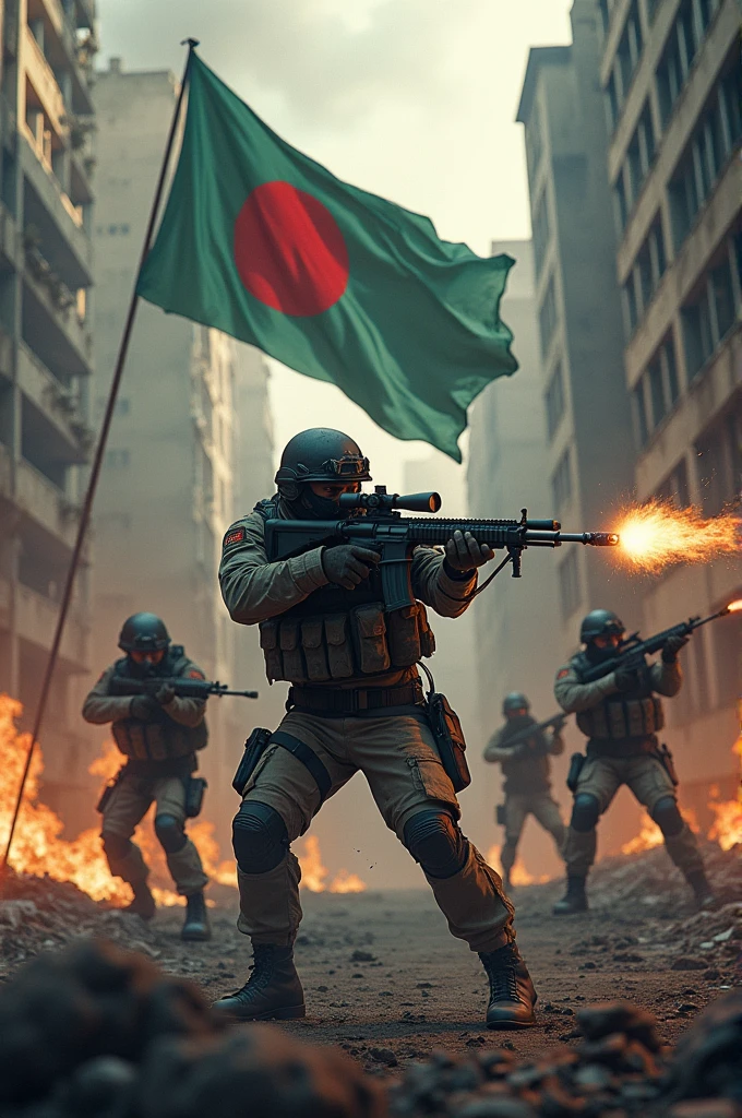 digital artwork of Soldiers, warriors, weapon, sniper rifles, helmet, mask, tall building, bombers, flames, explosions, ruins, best quality, highres, 4k, Bangladeshi flag BEHIND, Add text "Bangali Sob Pare"